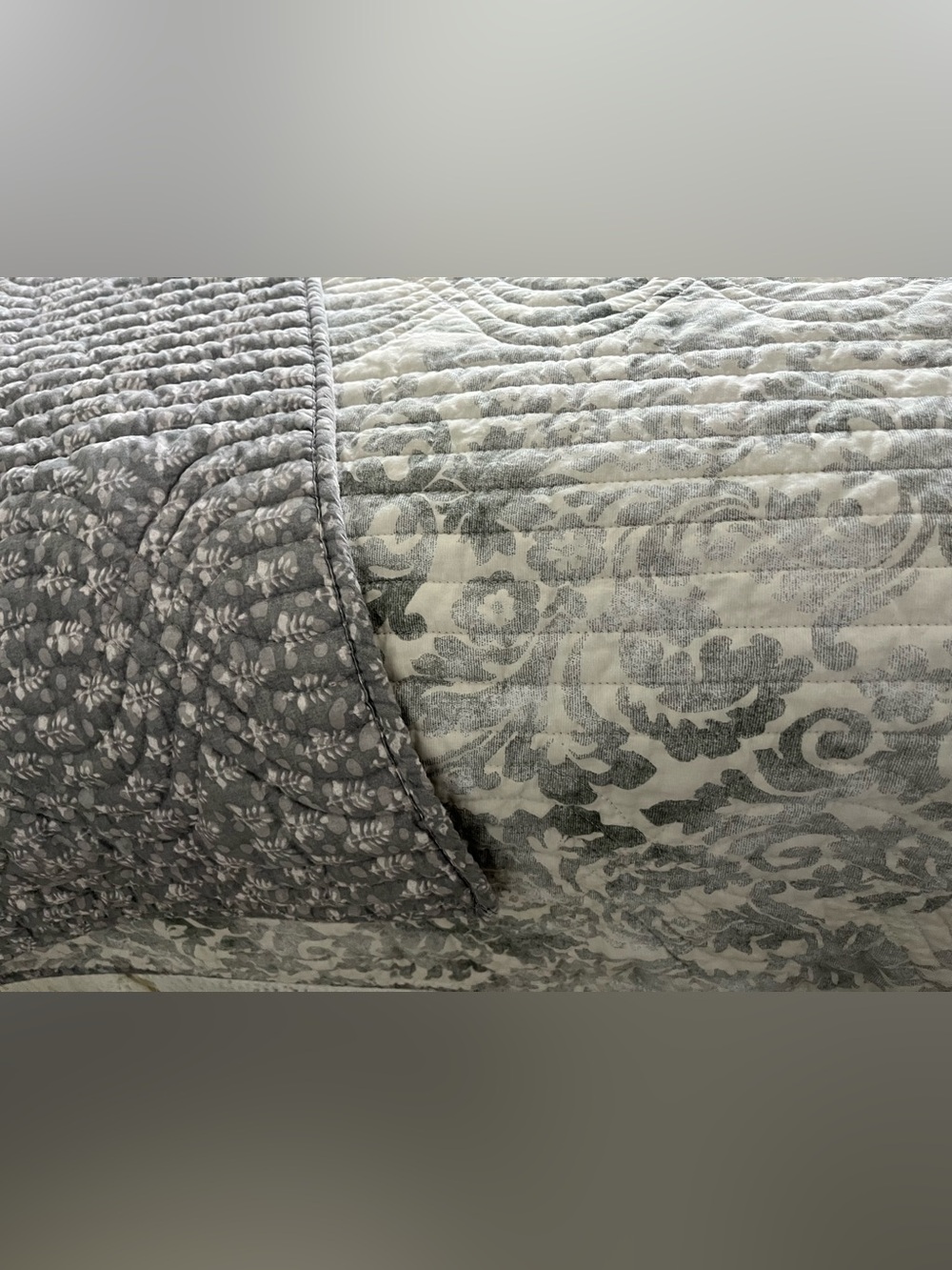 Waverly Quilt Gray White Vtg Damask Reversible Quilt/Shams/Bedskirt Full/Queen